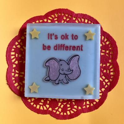 Handmade soap that reads “Its ok to be different” dumbo inspired elephant