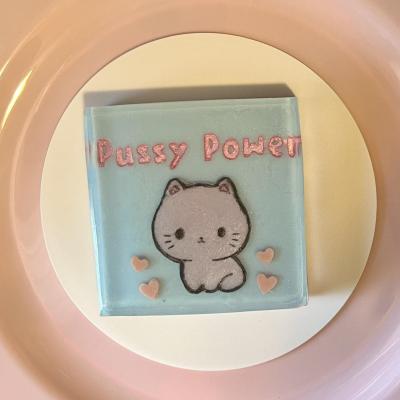 Handmade soap that reads Pussy power with kawaii cute kitty cat 